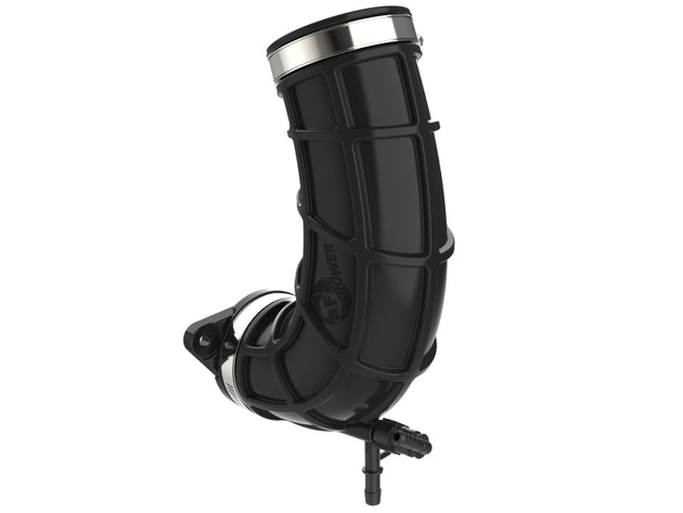 aFe turbo inlet pipes for enhanced airflow, shown in black with metal fittings, designed for optimal performance and fit.