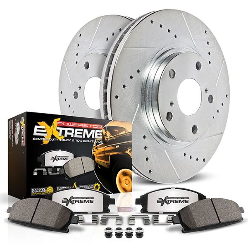 PowerStop Z36 performance brake pads for Chevrolet Silverado 2500 HD front and rear, designed for towing and heavy-duty use.