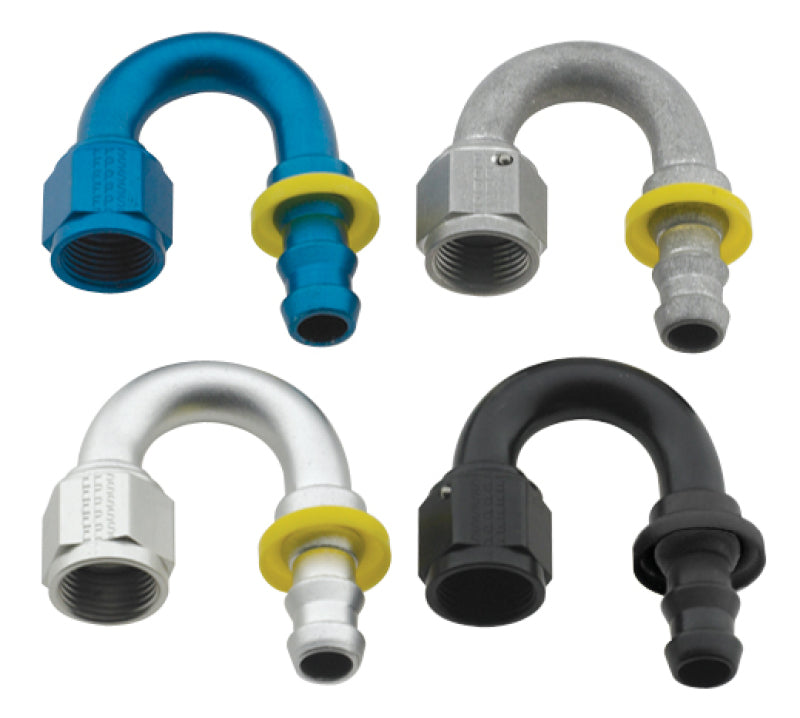 Fragola black -6AN push-lite end fitting with 180-degree angle, designed for automotive and performance fluid connections.