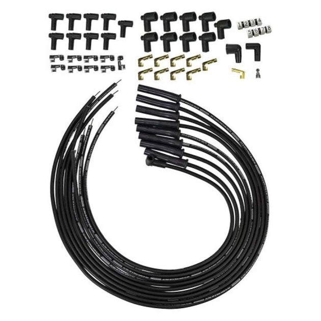 Moroso Universal HEI/Non-HEI Spark Plug Wire Set with black 8mm multi-angle boots, designed for spark plug connections.