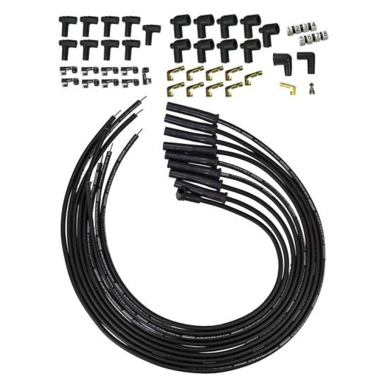 Moroso Universal HEI/Non-HEI Spark Plug Wire Set with black 8mm multi-angle boots, designed for spark plug connections.
