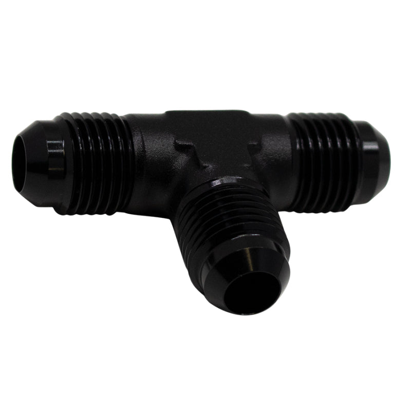 DeatschWerks matte black 6AN flare-to-flare-to-flare tee fitting, automotive fuel line fitting with anodized finish
