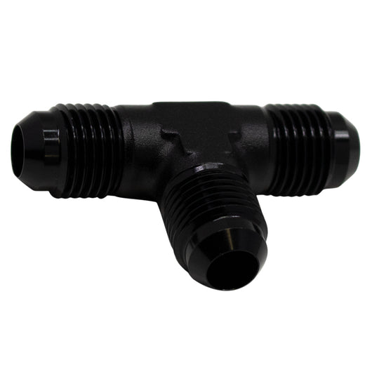 DeatschWerks matte black 6AN flare-to-flare-to-flare tee fitting, automotive fuel line fitting with anodized finish