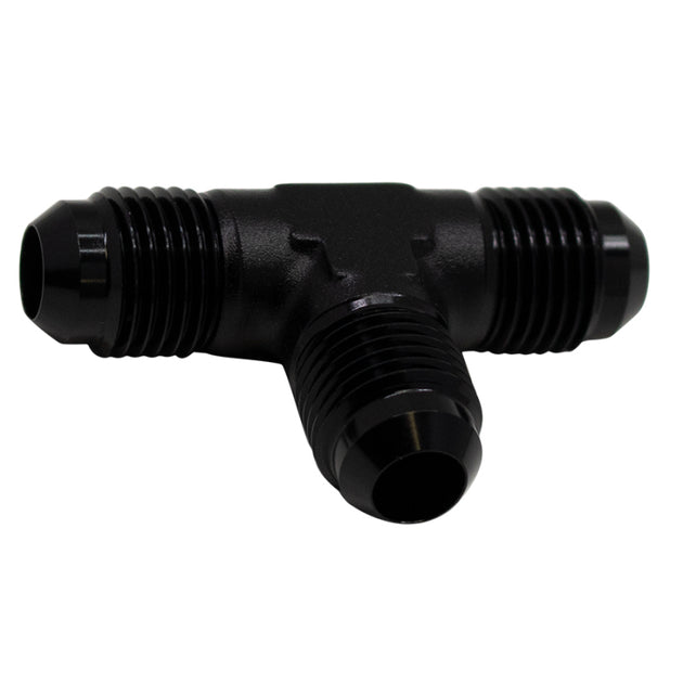 DeatschWerks matte black 6AN flare-to-flare-to-flare tee fitting, automotive fuel line fitting with anodized finish