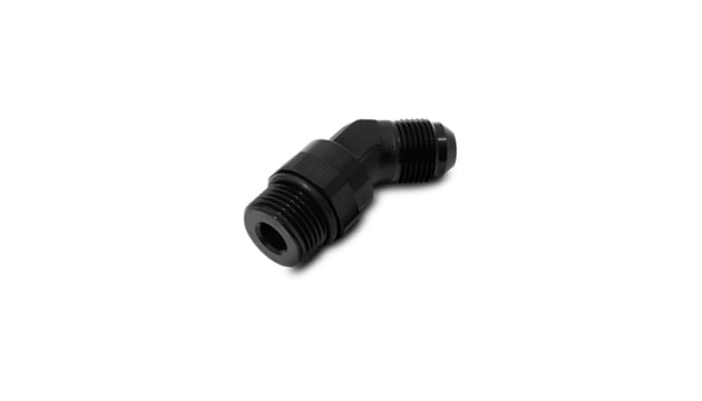 Vibrant black -12AN male to male straight 45-degree adapter fitting, anodized finish, for high-performance fluid connections.