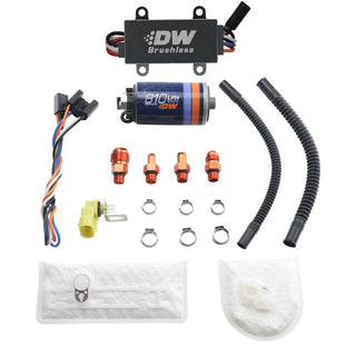 DeatschWerks DW810 brushless in-tank fuel pump with dual speed controller, showing the compact pump unit and wiring connections.