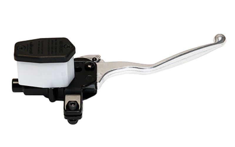 Wilwood 5/8 inch bore handlebar brake master cylinder with split clamp, right-hand side, mounted on motorcycle handlebar.
