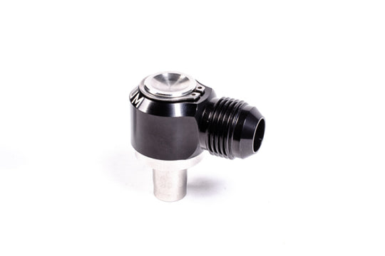 Radium Engineering 10AN male swivel banjo fitting with 11.8mm press fit, showing the detailed metal construction and swivel mechanism.