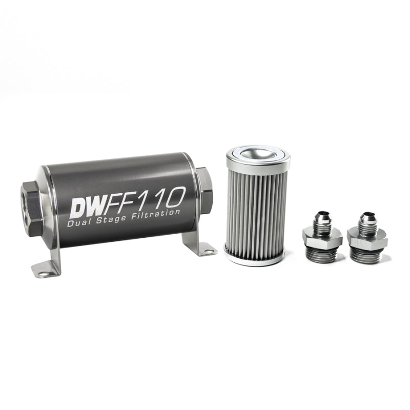 DeatschWerks stainless steel 6AN inline fuel filter housing kit with 10 micron filtration, includes mounting hardware and fittings.