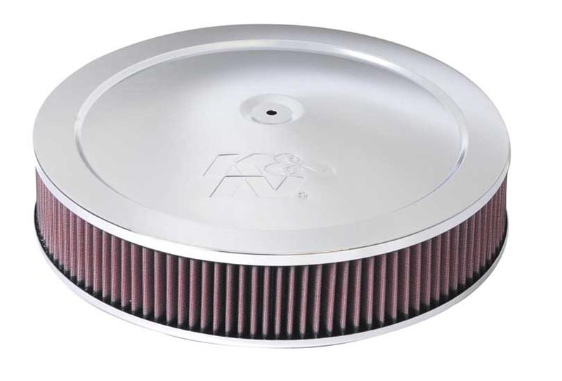 K&N Engineering 14-inch red custom air cleaner assembly with drop base, 5.125-inch ID, 14-inch OD, and 2.75-inch height.