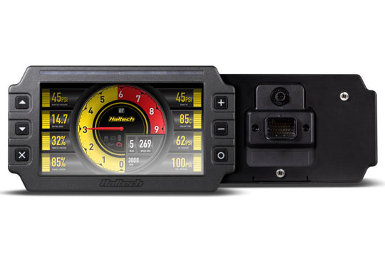 Haltech iC-7 7-inch color display dash kit with gauges showing digital readouts and customizable interface.
