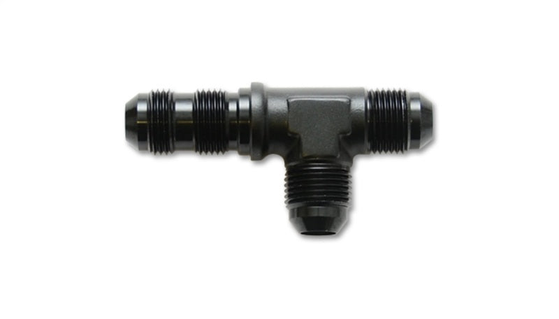 Vibrant black anodized -10AN bulkhead adapter tee fitting for hydraulic or fluid transfer systems, close-up view showing fitting details.