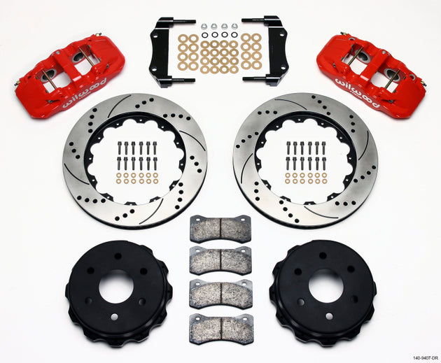 Wilwood AERO4 rear truck brake kit with 14.25-inch red drilled rotors and single piston OE caliper for 1999-2010 GM 1500 SUVs