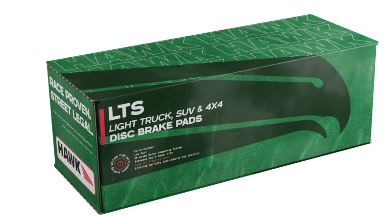 Hawk Performance OE brake pads for Chevy Tahoe LTZ front LTS, featuring black friction material and metal backing plates.