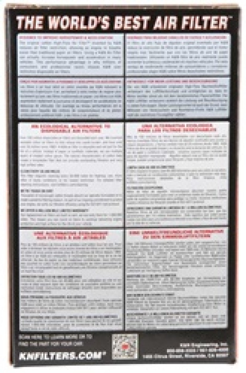 K&N Engineering rectangular drop-in air filter with 6.75in length, 4.5in width, and 2.5in height for vehicle air intake systems.