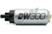 DeatschWerks 340lph DW300C compact fuel pump with universal install kit and mounting clips, shown installed in a vehicle.