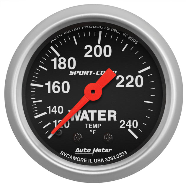 AutoMeter Sport-Comp 52.4mm water temperature gauge with mechanical 120-240°F range, designed for automotive use