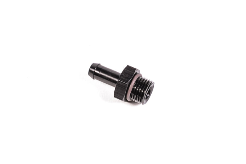 Radium Engineering 6AN ORB fitting connected to a 5/16-inch barb for automotive fluid connections.