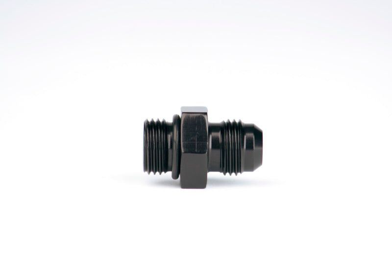 Aeromotive ORB-06 to AN-06 male flare adapter fitting showing metal construction and detailed threading for fuel or oil line connections.