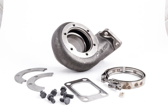Garrett GT35R turbine housing kit with V-band T3 outlet, 0.82 A/R, Ni-Resist material, showing the turbine housing and V-band connection
