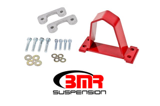 Red BMR Suspension 6th Gen Camaro driveshaft safety loop for 2016-2017 models, securely mounted in the front driveshaft area.