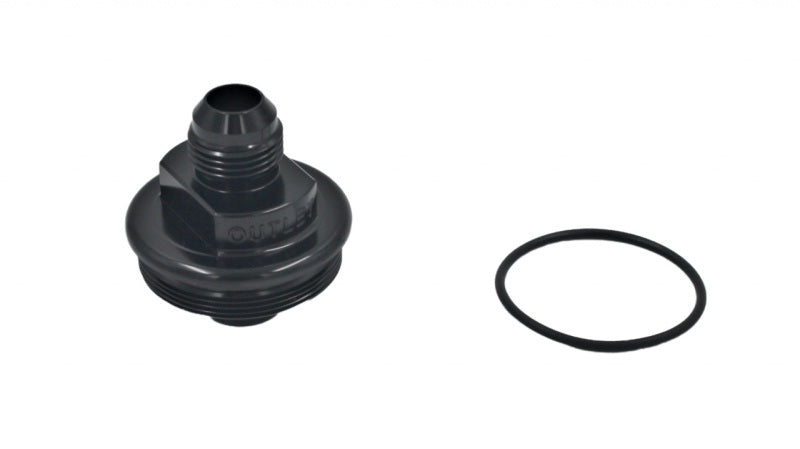 Black Fuelab replacement filter cap for -10AN outlet, designed for Fuelab fuel filters, ensuring secure and easy filter access.