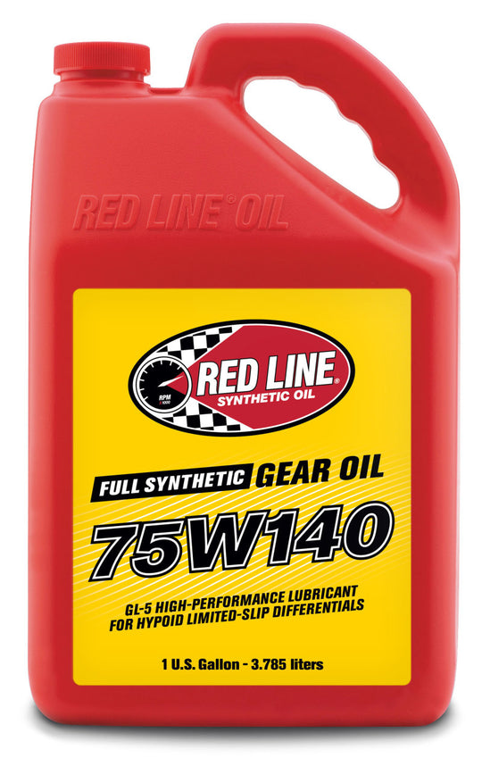 Red Line 75W140 GL-5 gear oil gallon container, high-performance lubricant for automotive gear systems.