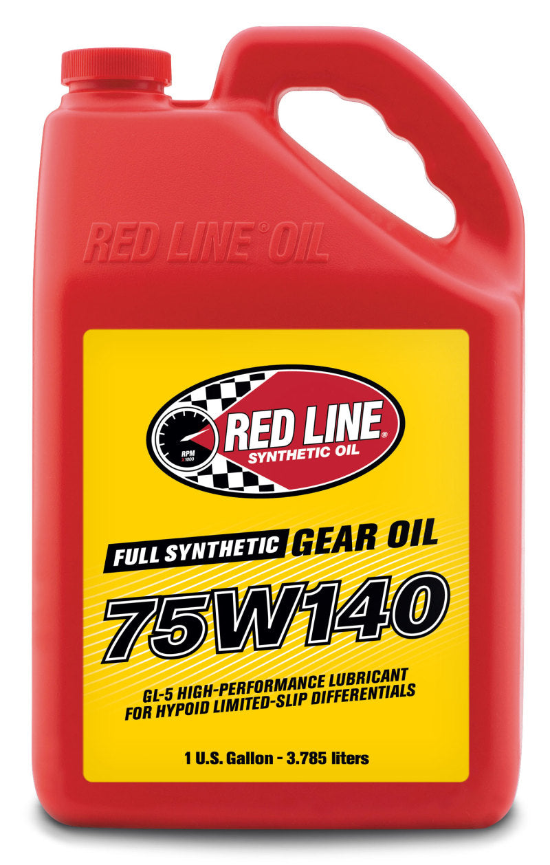 Red Line 75W140 GL-5 gear oil gallon container, high-performance lubricant for automotive gear systems.