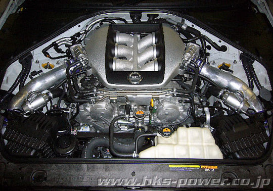 HKS SSQV4 blow off valve kit for Nissan GT-R R35, includes two SSQV valves and polished aluminum pipes.
