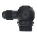 DeatschWerks matte black 8AN ORB to 6AN male flare low profile 90-degree swivel fitting for high-performance automotive fuel systems.