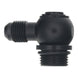 DeatschWerks matte black 8AN ORB to 6AN male flare low profile 90-degree swivel fitting for high-performance automotive fuel systems.