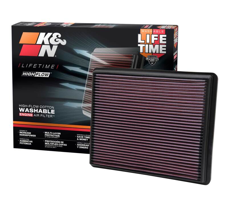 K&N Engineering drop-in air filter for 2002-2004 Cadillac, 1999-2010 Chevy/GMC pickups, and 1999-2001 Jeep models, with pleated filter media