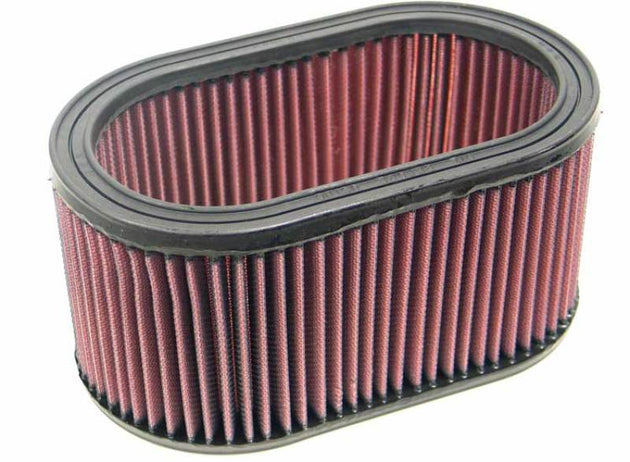 K&N Engineering oval drop-in air filter with black rubber frame and pleated cotton filter media, 8.785in x 5.25in x 4.5in.