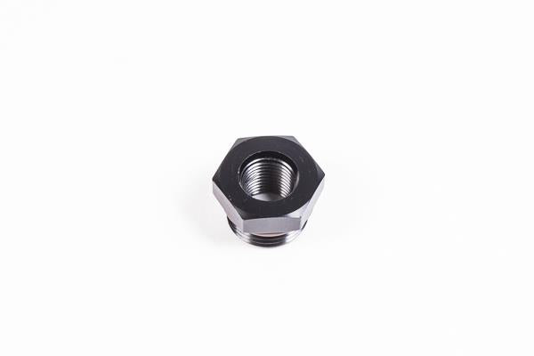 Radium Engineering 8AN ORB male fitting with M12x1.25 female connector, showing precision-machined metal fittings.