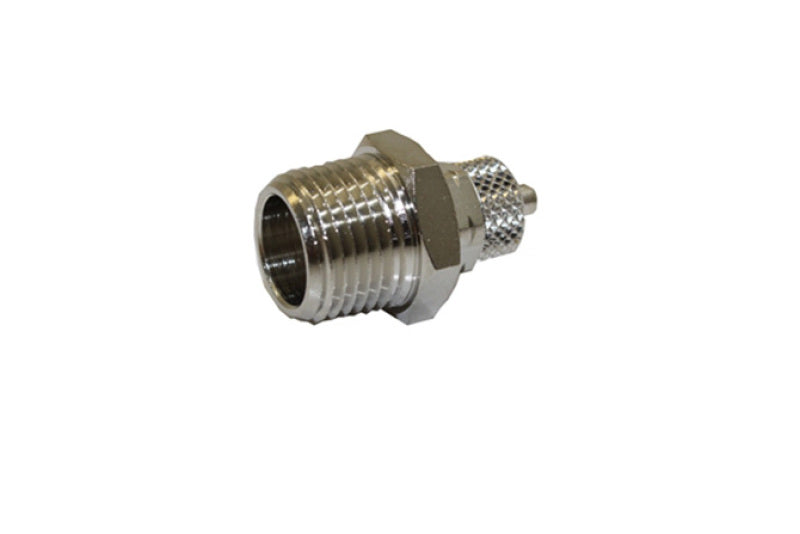 Snow Performance 3/8-inch NPT to 1/4-inch quick connect straight fitting for fuel or fluid lines, with metal construction and threaded ends.