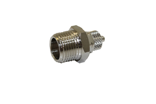 Snow Performance 3/8-inch NPT to 1/4-inch quick connect straight fitting for fuel or fluid lines, with metal construction and threaded ends.