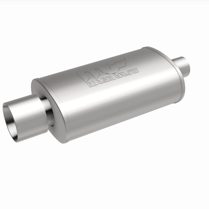 MagnaFlow stainless steel muffler with tip, 14x5x8 inches, featuring dual inlet and outlet pipes for automotive exhaust system.