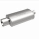 MagnaFlow stainless steel muffler with tip, 14x5x8 inches, featuring dual inlet and outlet pipes for automotive exhaust system.
