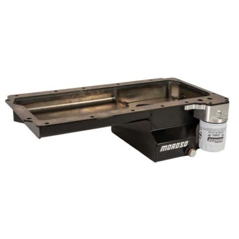 Moroso GM LS swap early F-Body steel oil pan with rear sump and spin-on filter adapter, black finish, for wet sump engines.