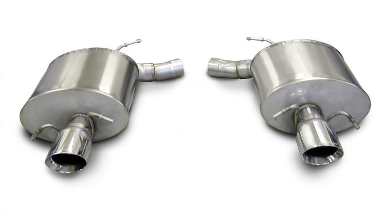 Polished CORSA Performance axle-back exhaust for 2009-2014 Cadillac CTS V 6.2L V8 sedan, showcasing the sleek chrome finish and dual tips.