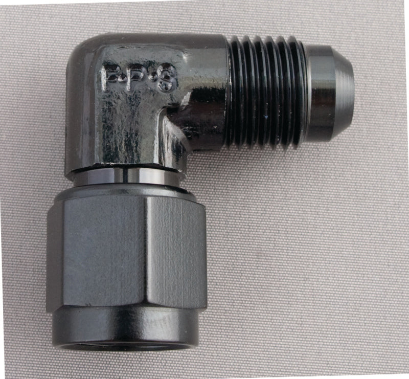 Fragola 10AN Female to Male Flare 90-degree fitting in black, showing the fitting's shape and black finish for automotive or racing use.