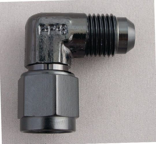 Fragola 10AN Female to Male Flare 90-degree fitting in black, showing the fitting's shape and black finish for automotive or racing use.