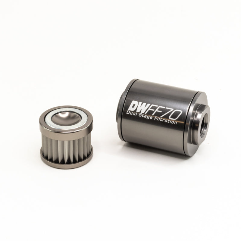 DeatschWerks stainless steel 10AN inline fuel filter housing kit with 10-micron filter element, 70mm size, for fuel filtration.