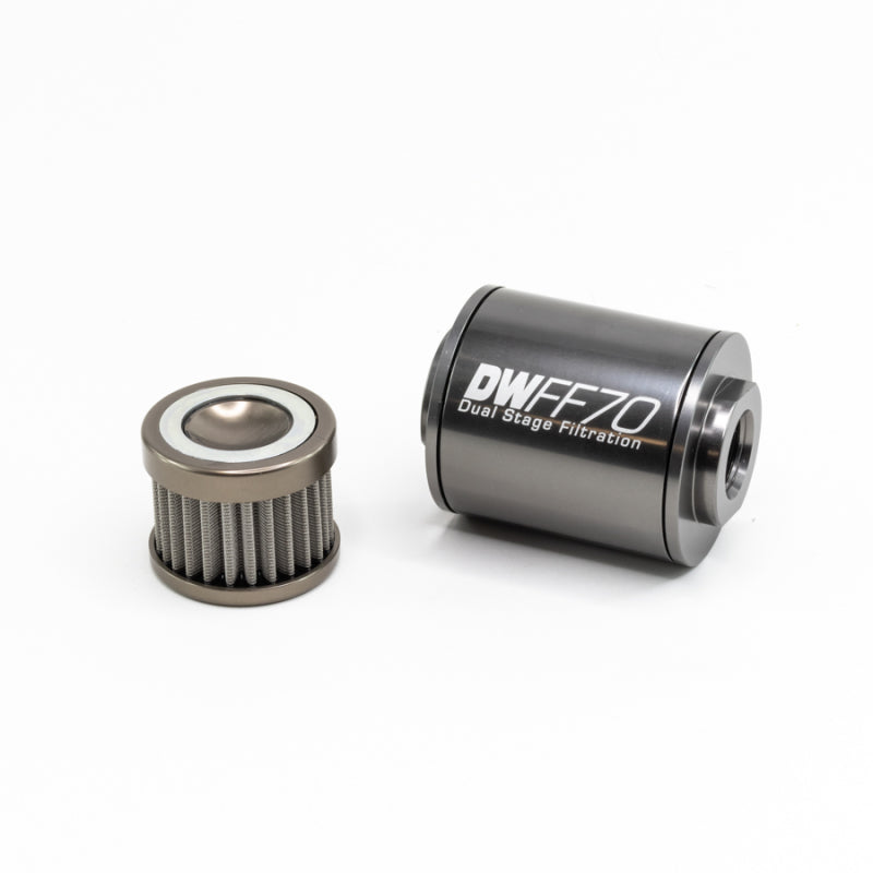 DeatschWerks stainless steel 8AN 100 micron universal inline fuel filter housing kit with 70mm size and clear filter element