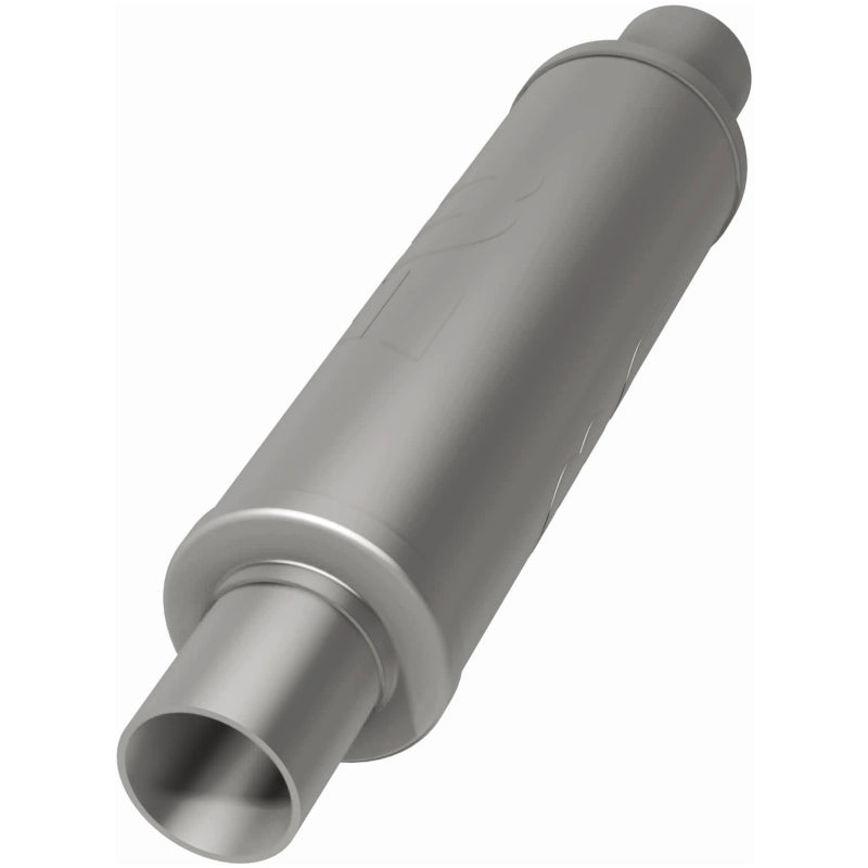 MagnaFlow Mag SS muffler with 14x4x4 inch dimensions and dual inlet/outlet pipes on a vehicle exhaust system.