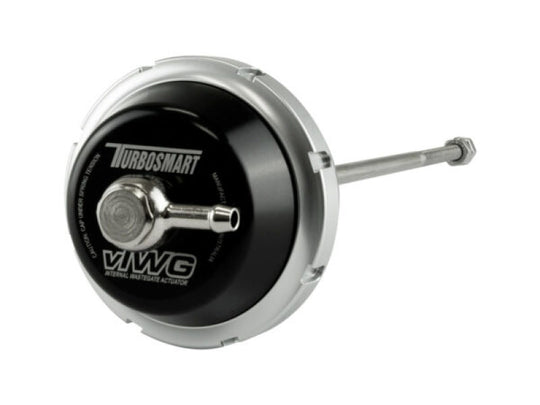 Turbosmart Mini Cooper S R56 vIWG wastegate actuator with 6inHg pressure, shown mounted on the turbocharger.