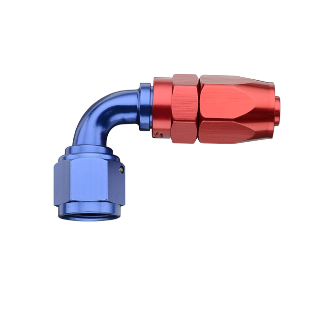 Fragola -8AN 90-degree Pro-Flow hose end fitting in blue and red, designed for high-performance automotive or racing applications.
