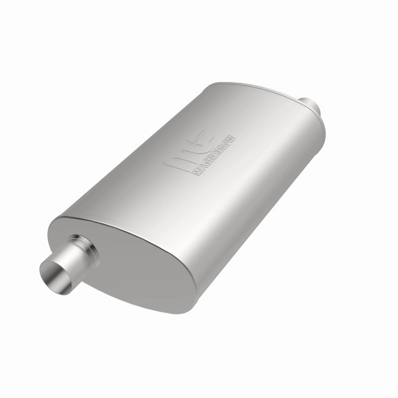 MagnaFlow Mag SS muffler with 22x5x11 inch dimensions and 3x3 inlet/outlet, shown with polished metal finish and inlet/outlet openings