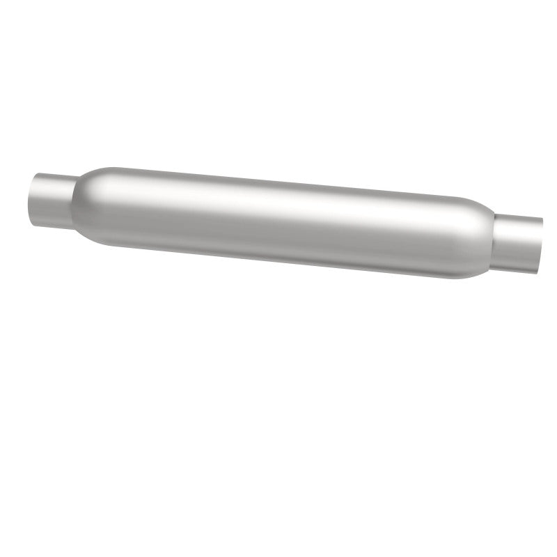 MagnaFlow muffler with 3.5-inch diameter and 18-inch length, featuring dual 2.25-inch inlet and outlet pipes.