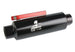 Aeromotive in-line AN-12 fuel filter with shutoff valve, 100 micron stainless steel element, black anodized finish for fuel systems.